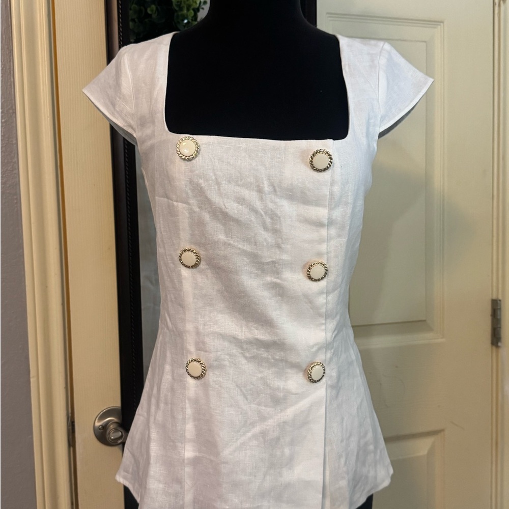 Reformation White Cap Sleeve Blouse with Button Accents